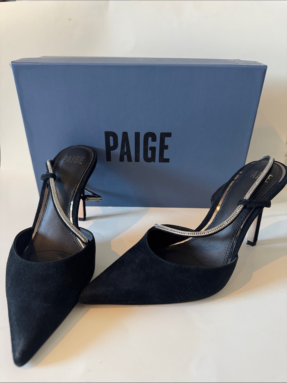 PAIGE Black Suede Pointed Toe Slingback Heels with Crystal Trim